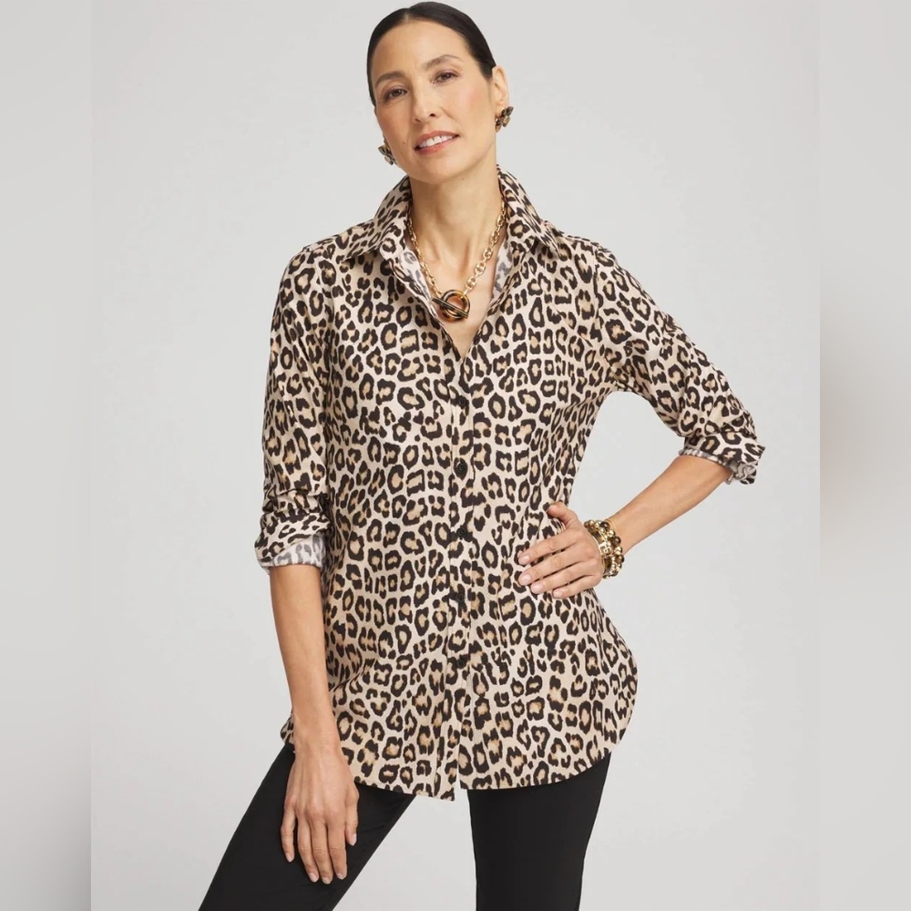Chico's NWT No Iron Stretch Classic Animal Leopard Button Down Camel 4/20